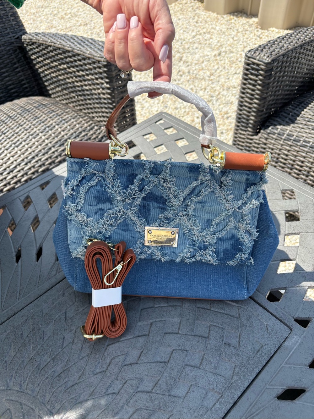 Source Unknown Blue Denim Satchel with Brown Trim